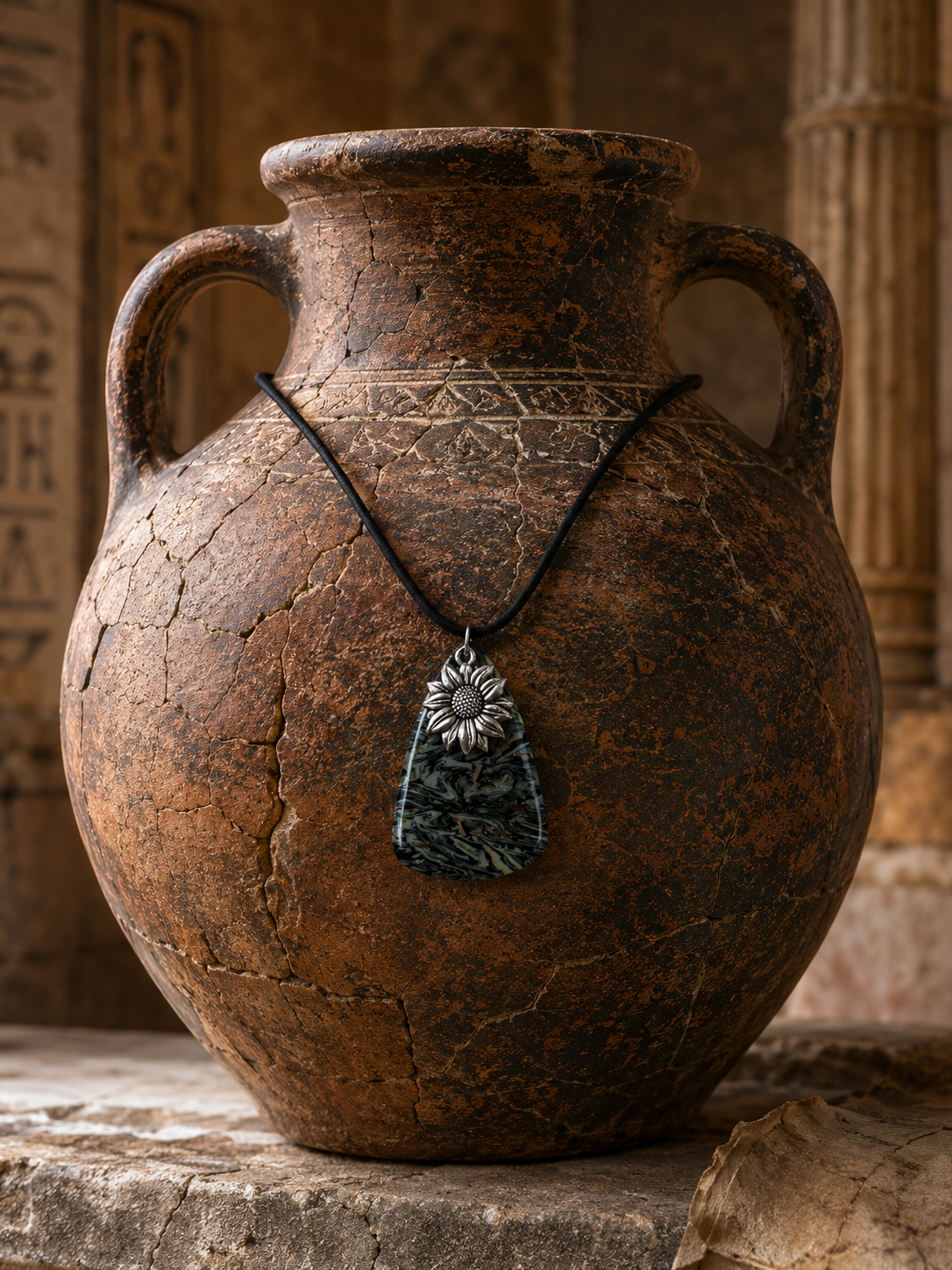 Deep marbled tones of charcoal and silver pendant with silver charm Necklace