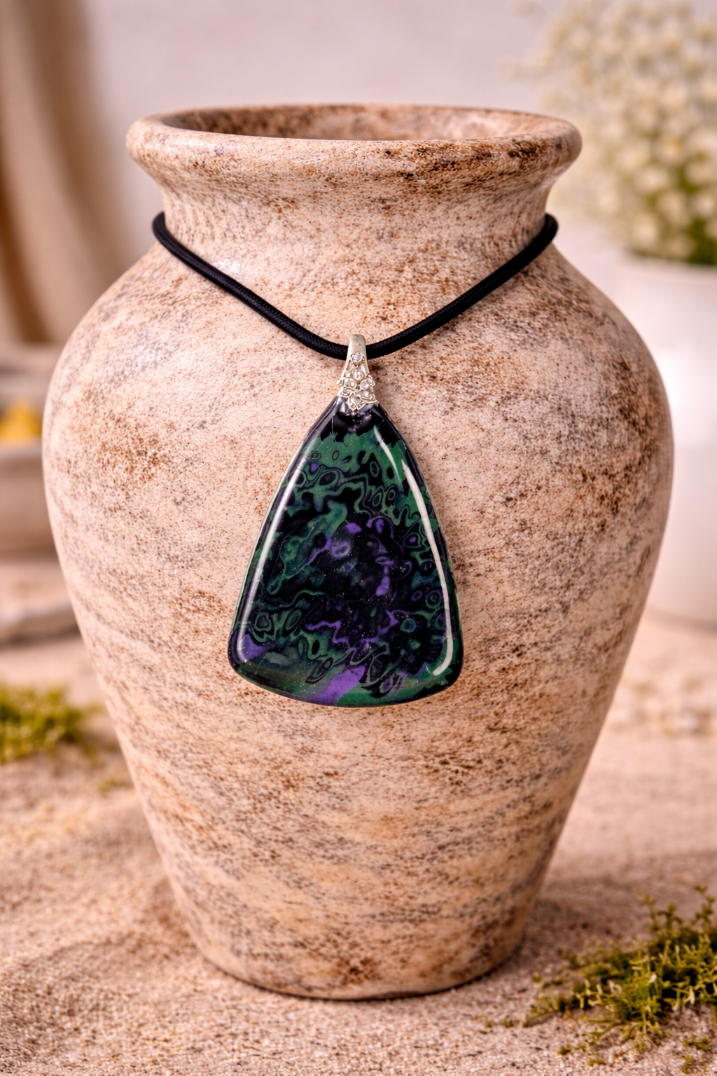 Deep greens  and violet flashes on black Necklace