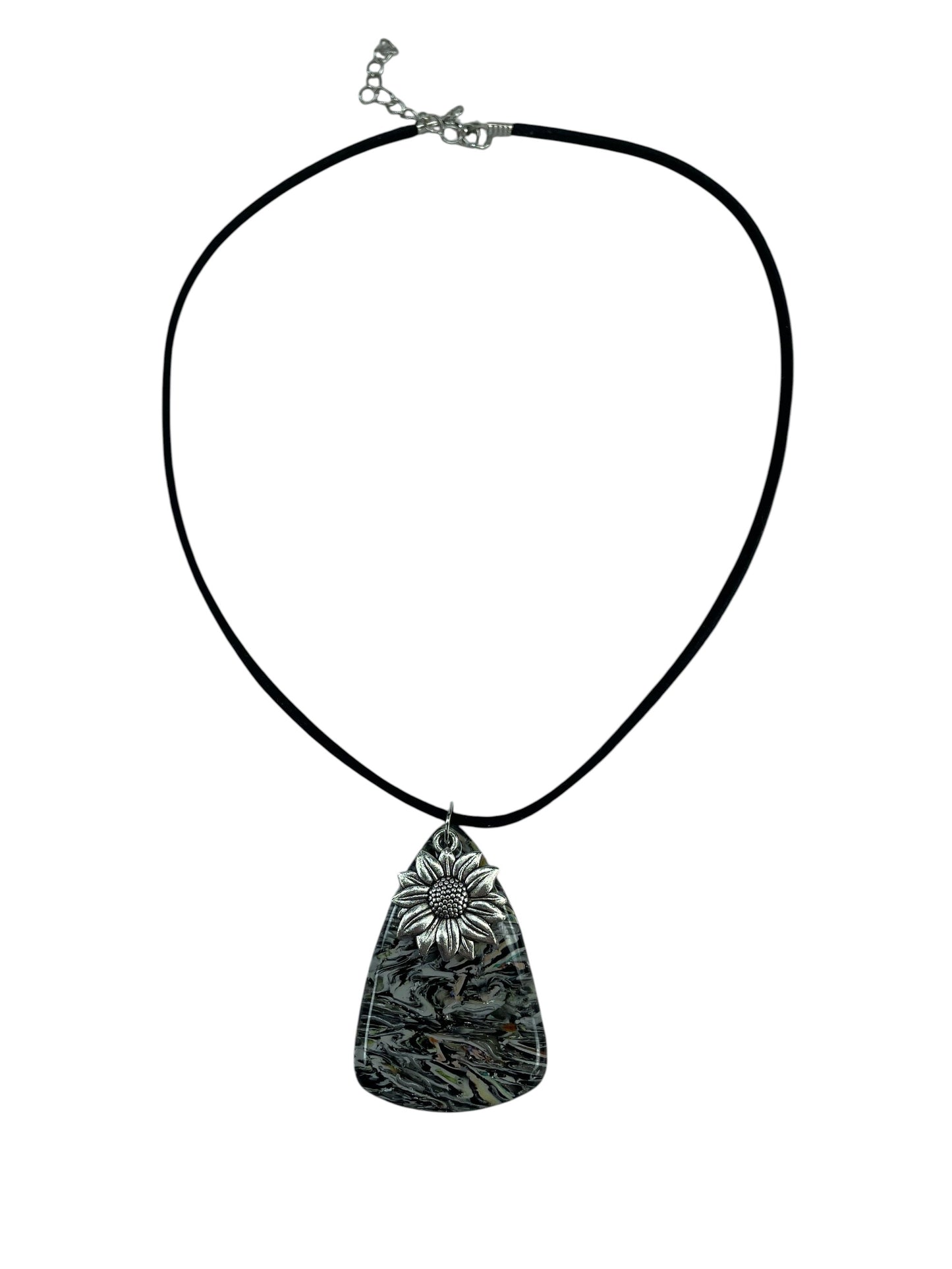 Deep marbled tones of charcoal and silver pendant with silver charm Necklace
