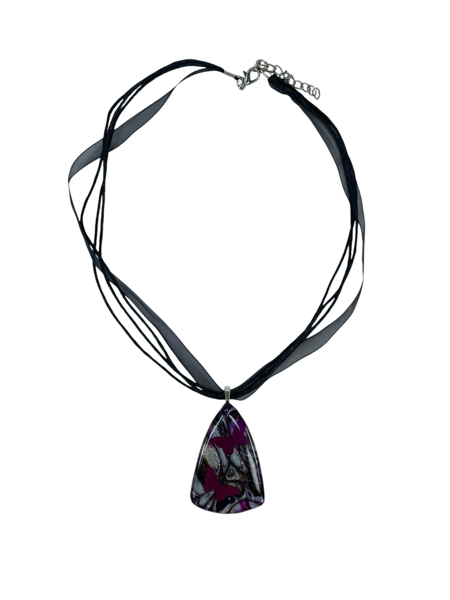 Delicate butterfly silhouettes with backdrop of silver, charcoal, violet,