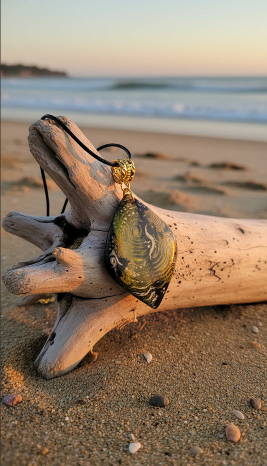 Layered waves of olive, moss, and antique gold on black Necklace