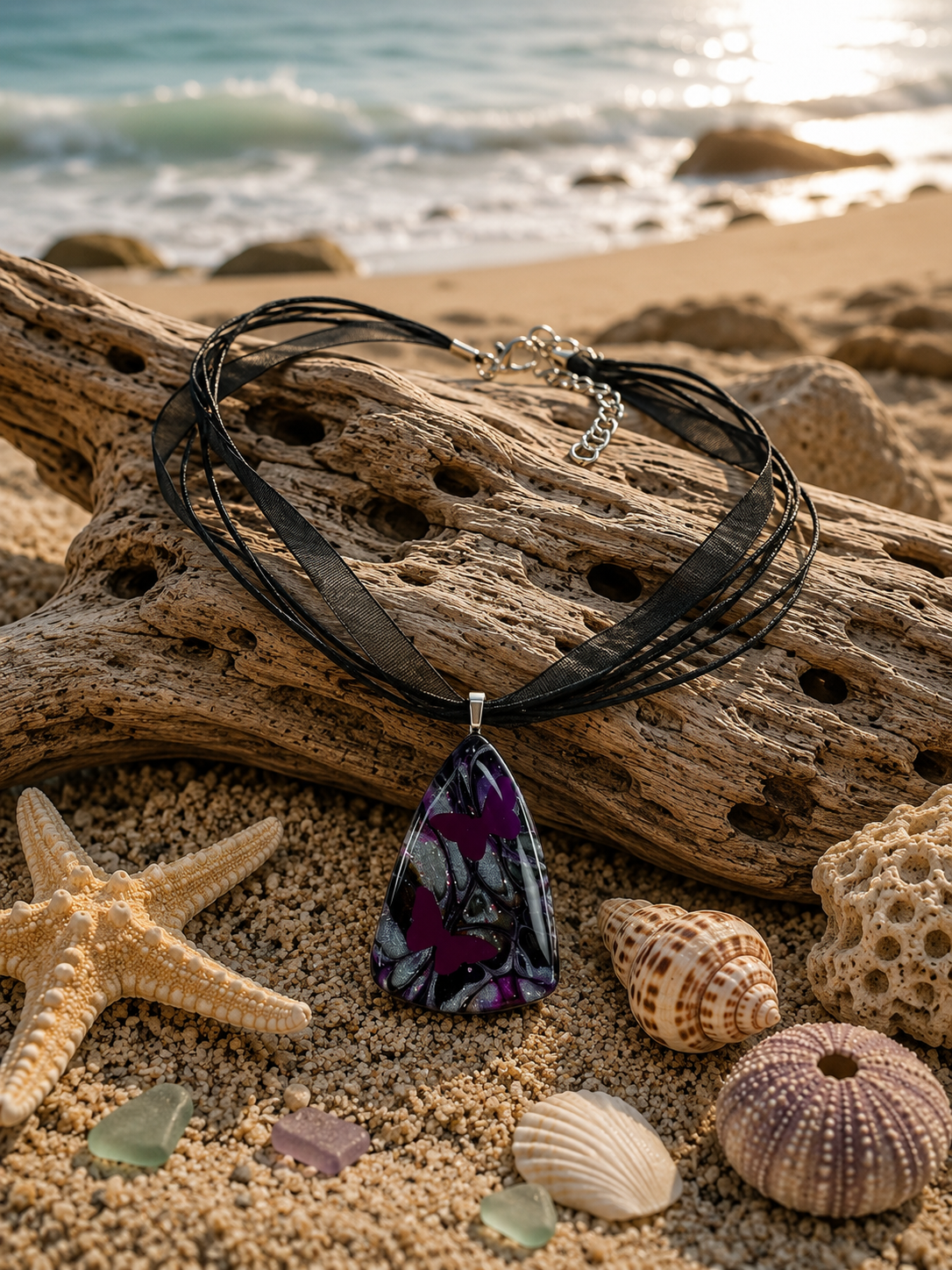 Delicate butterfly silhouettes with backdrop of silver, charcoal, violet,