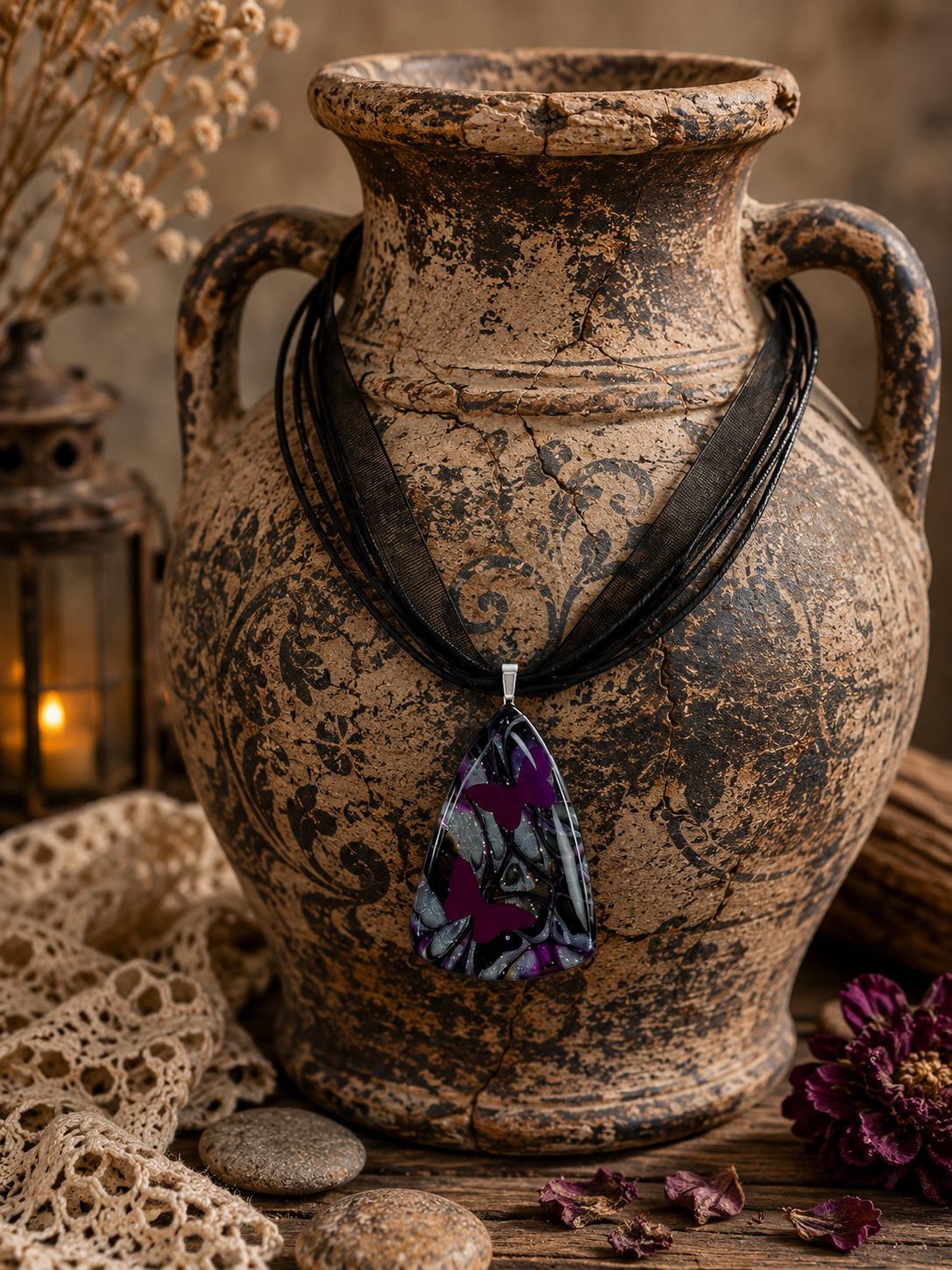 Delicate butterfly silhouettes with backdrop of silver, charcoal, violet,