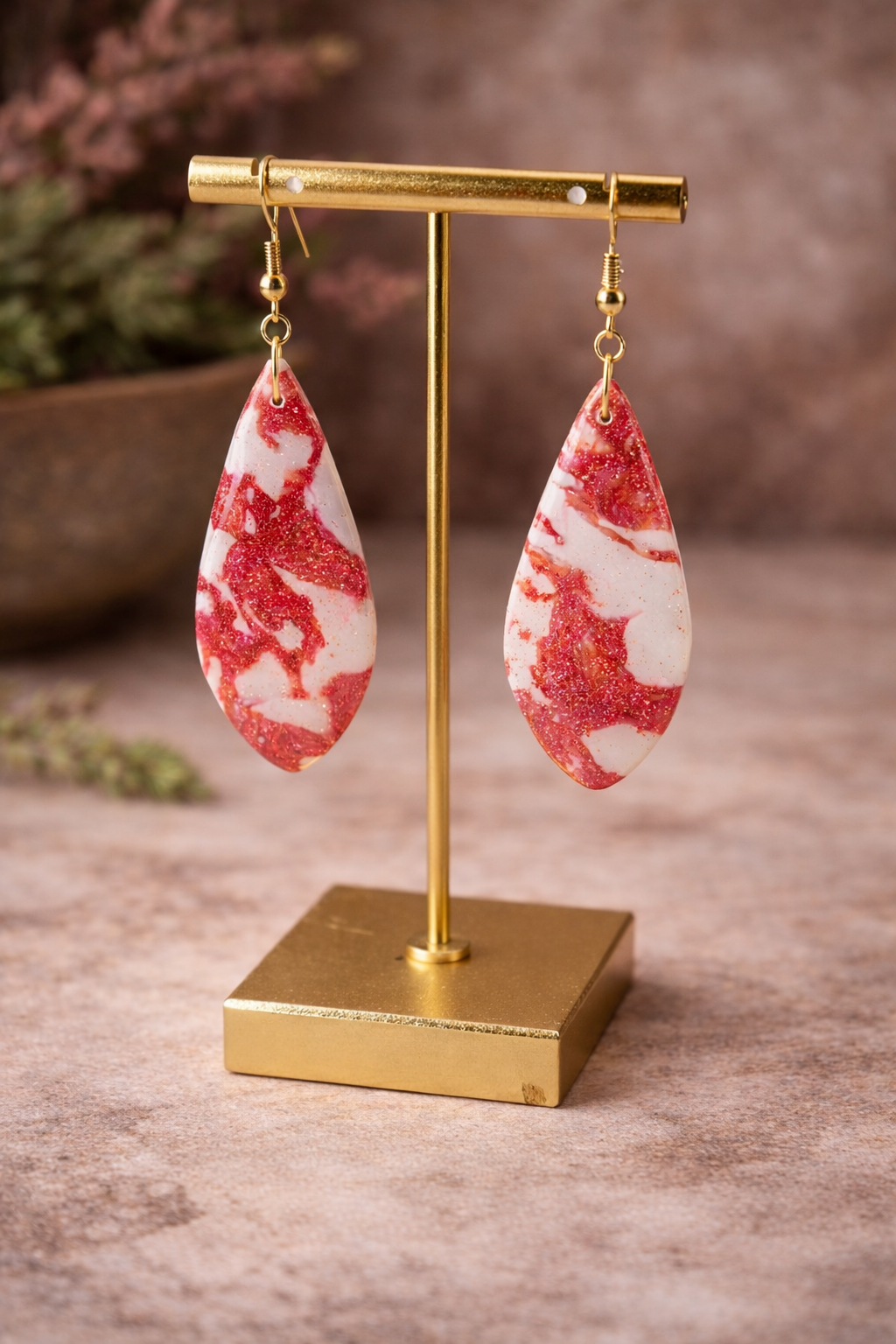 Ivory and shimmery red teardrop Earrings