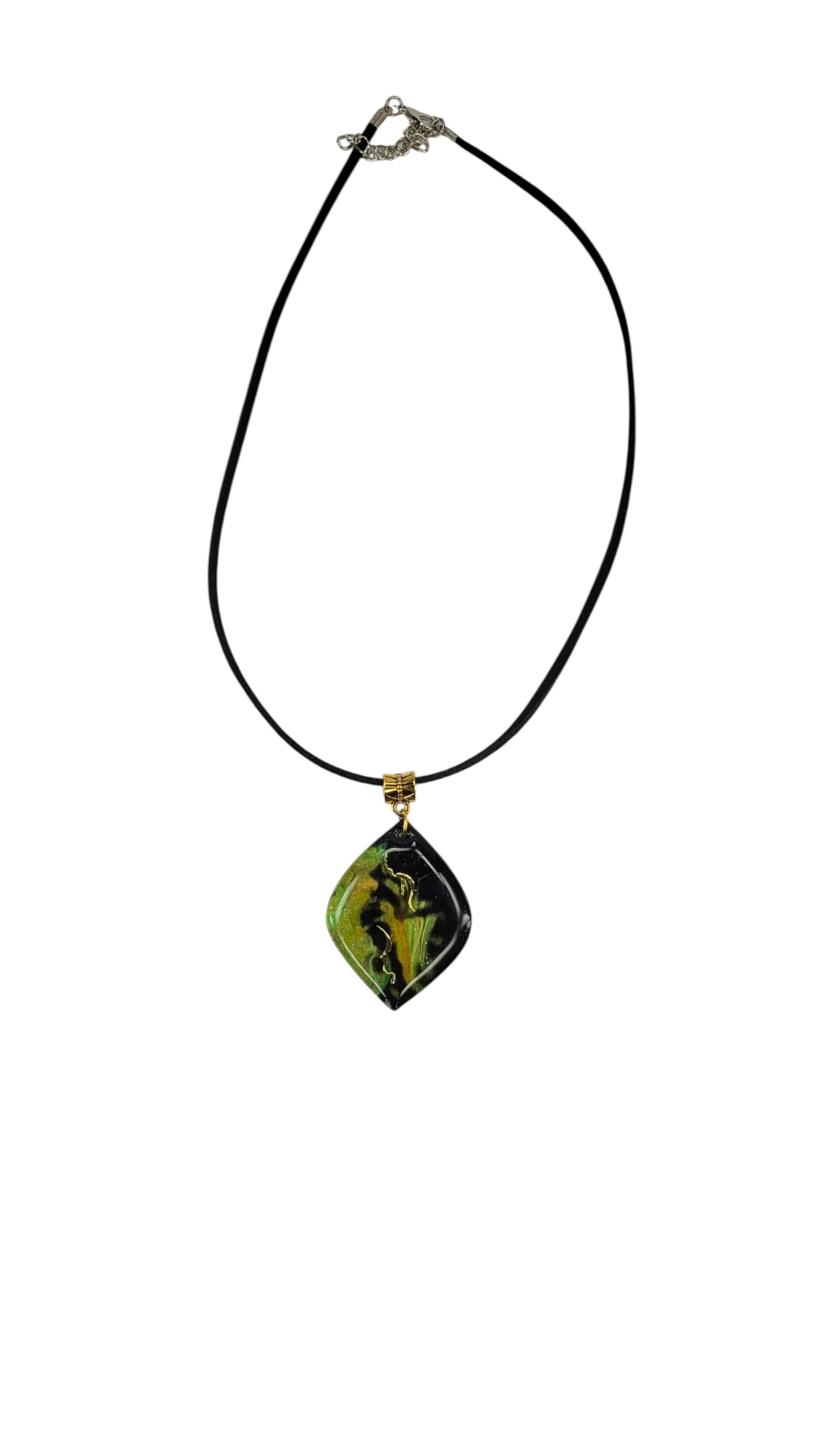 Dramatic backdrop with vibrant ribbons of green and golden Necklace