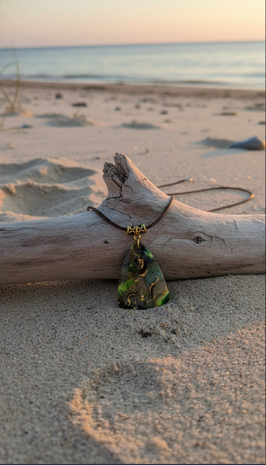 Forest greens and  charcoal on softly triangular pendant Necklace