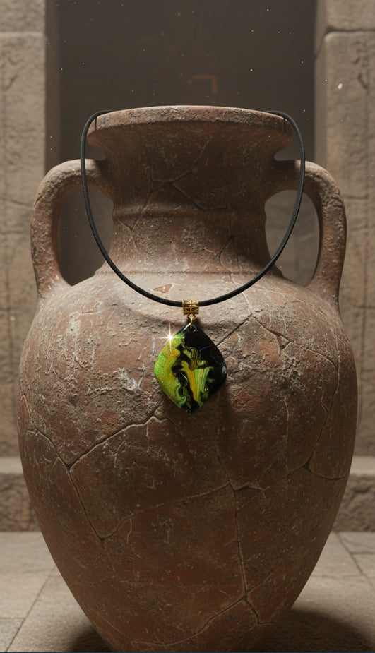 Dramatic backdrop with vibrant ribbons of green and golden Necklace