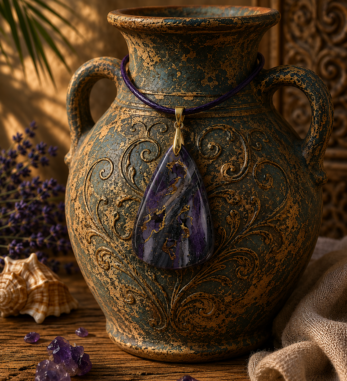 Deep violet, midnight blue, smoky gray and golden streaks Necklace
