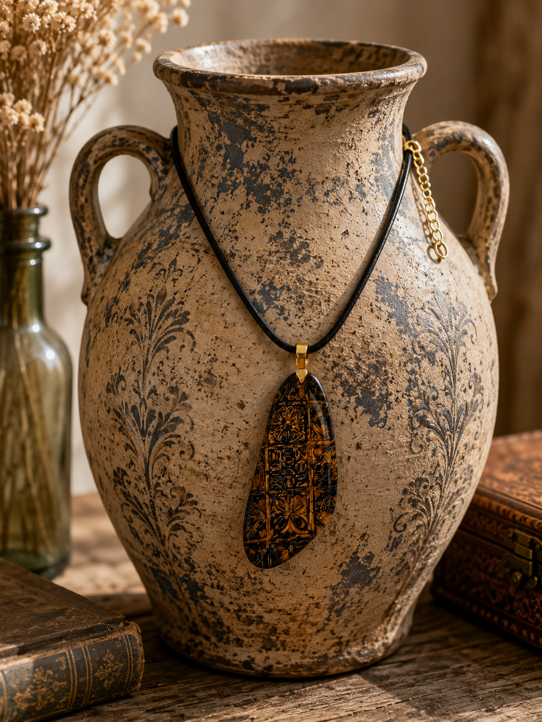 Striking pendant with intricate antique-inspired golden patterns Necklace