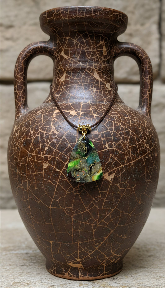 Forest greens and  charcoal on softly triangular pendant Necklace
