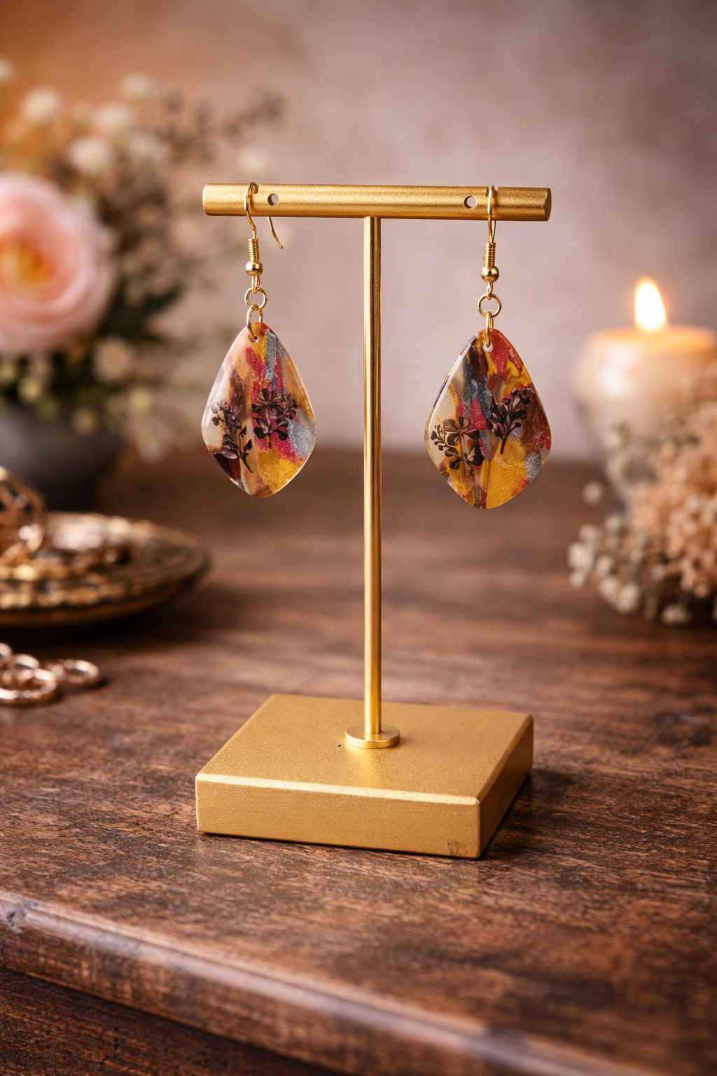 Warm gold, soft blush with  silhouettes of tiny blooms Earrings