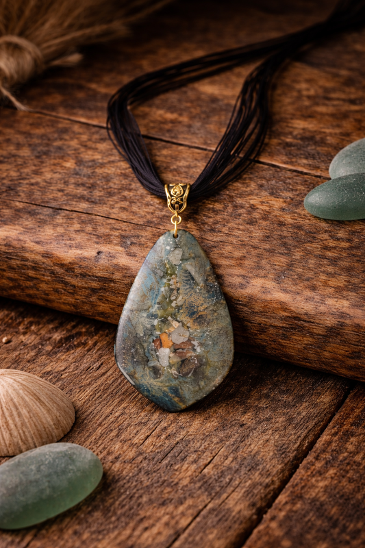 Layered tones of muted teal, mossy green and natural crystals  Necklace