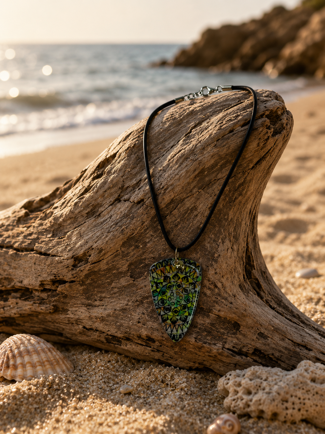 Intricate, almost mosaic-like pattern, with shades of green and gold Necklace