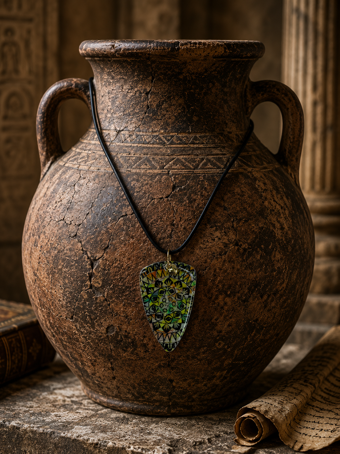Intricate, almost mosaic-like pattern, with shades of green and gold Necklace