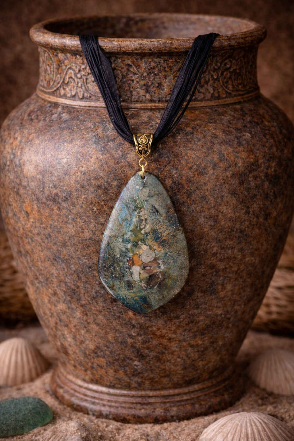 Layered tones of muted teal, mossy green and natural crystals  Necklace
