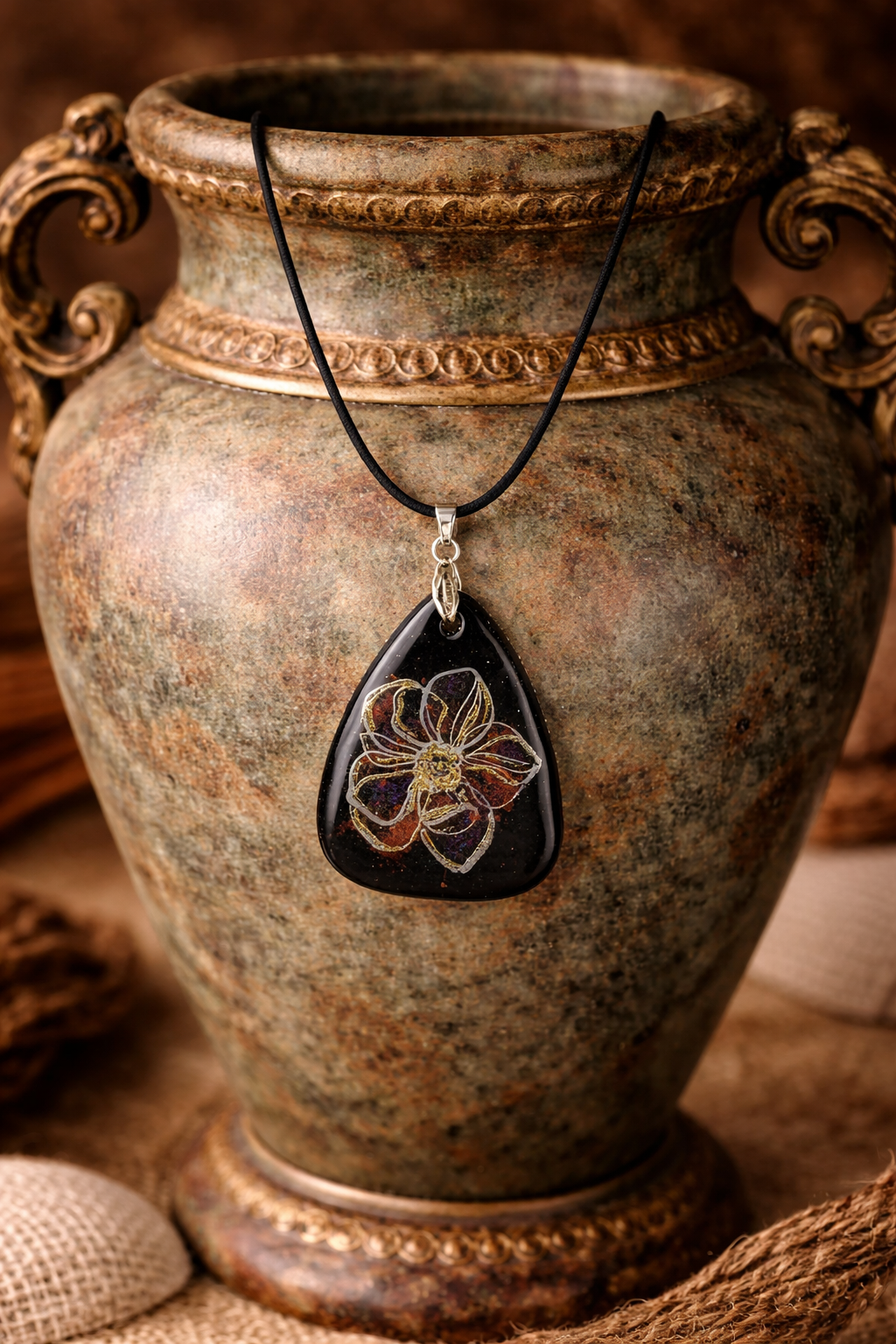 Shimmery flower on black Necklace
