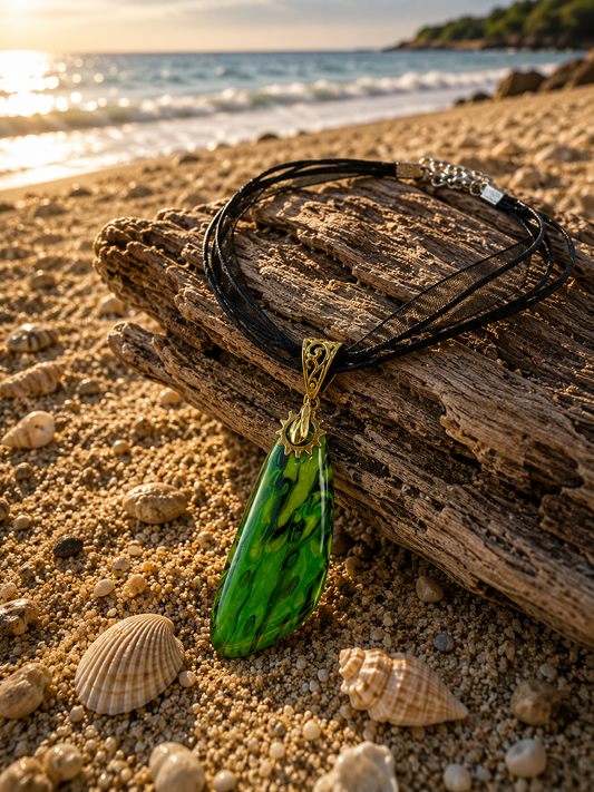 Emerald-green pendant with  gold-toned charm Necklace