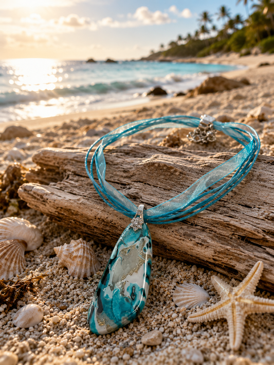 Ocean-inspired swirls of colors, golden shimmer and translucency Necklace