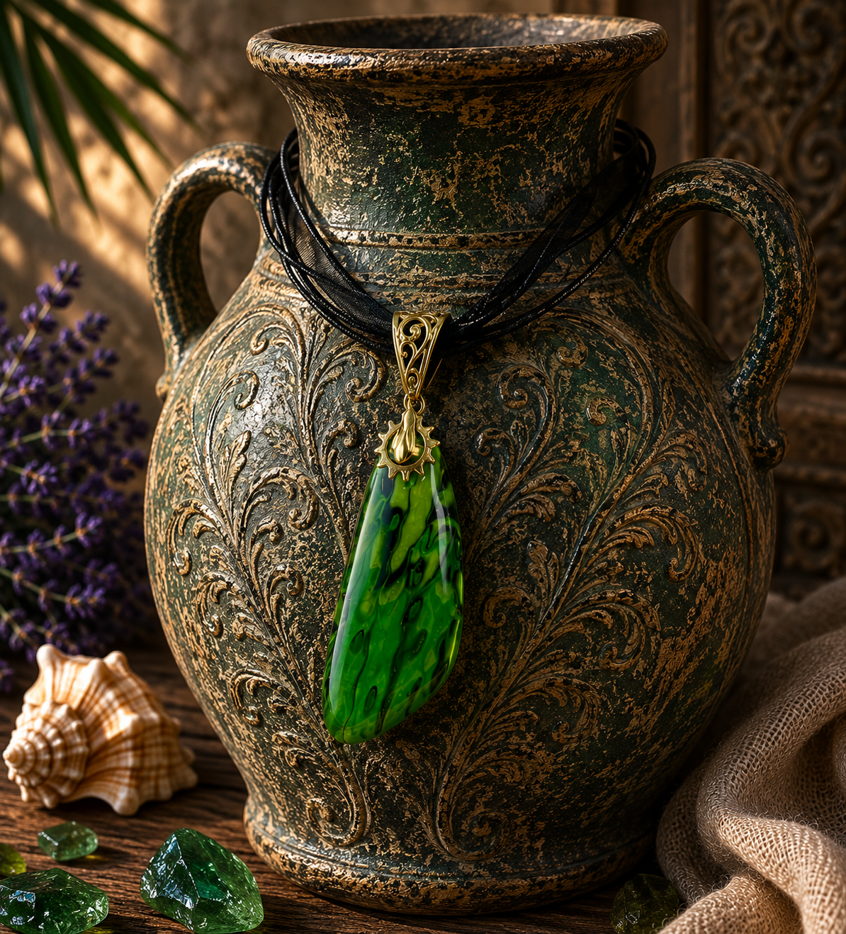 Emerald-green pendant with  gold-toned charm Necklace
