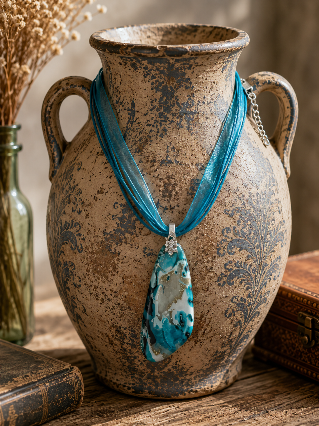 Ocean-inspired swirls of colors, golden shimmer and translucency Necklace