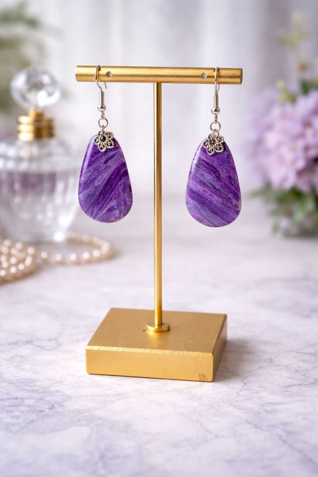 Shimmering rich violet tone in gentle marbling Earrings