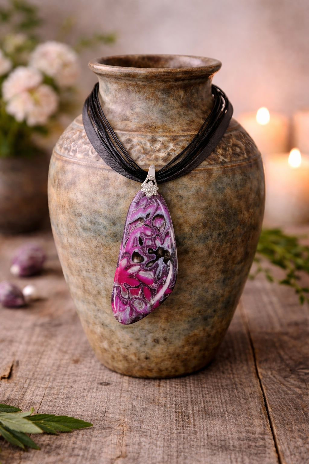 Shades of magenta, pink, black, and white Necklace