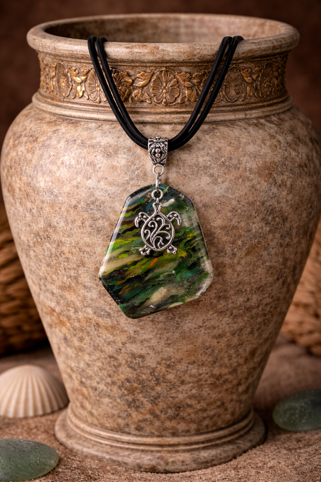 Deep green, olive, charcoal, and subtle golden with charm Necklace