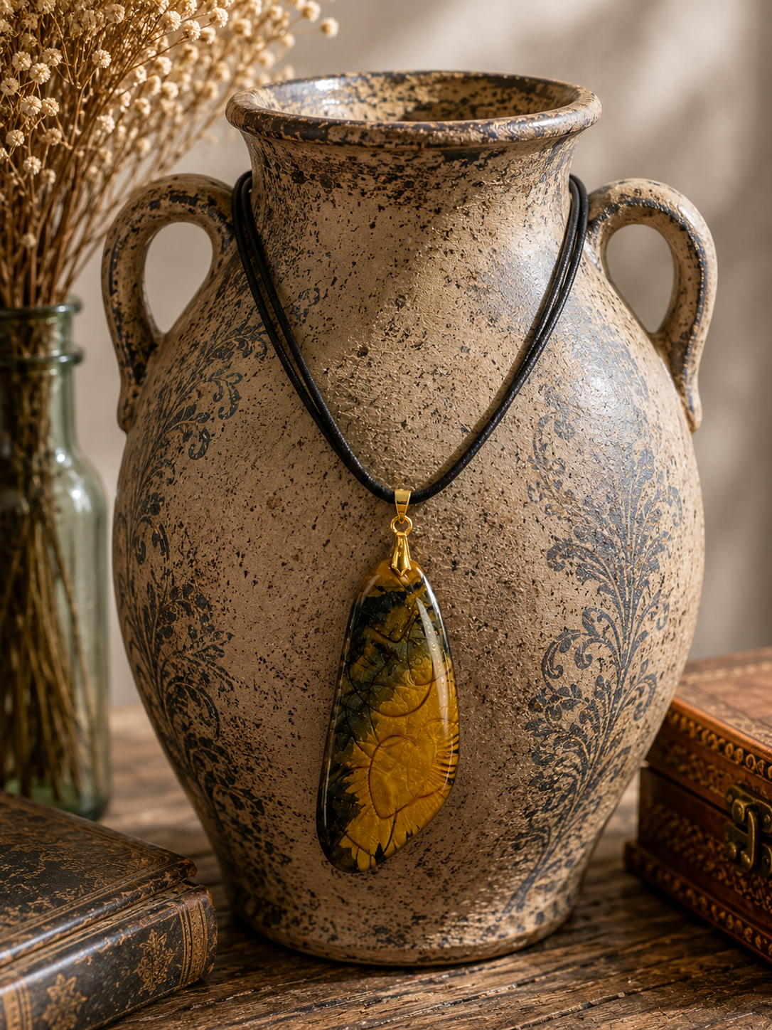 Golden amber tones blended with deep olive, smoky charcoal Necklace