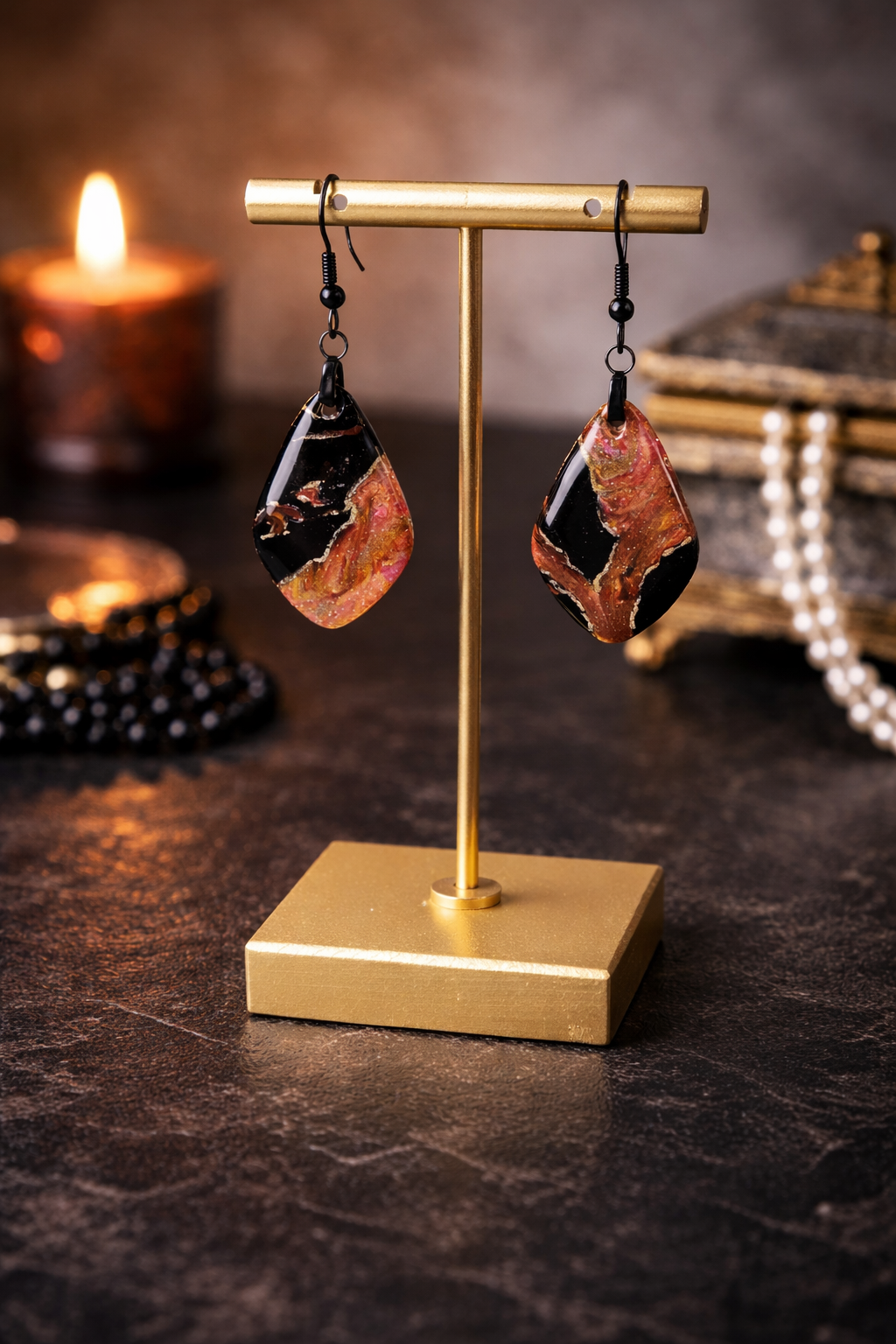 Black with ribbons of copper and ember gold Earrings