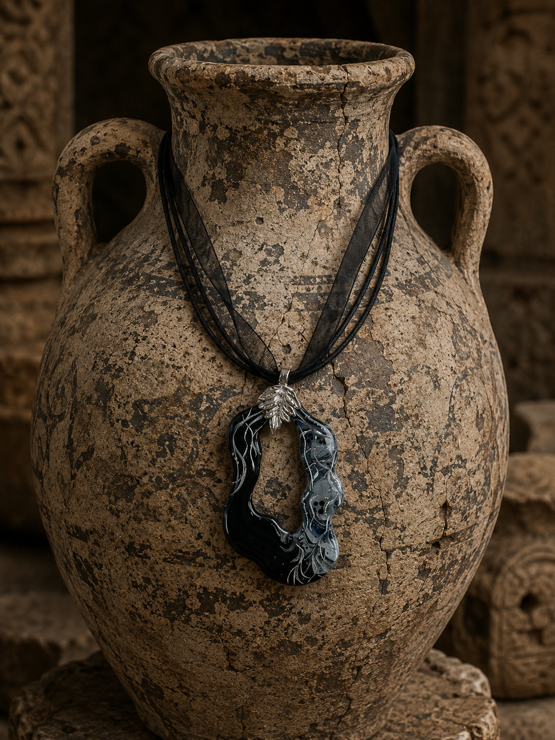 Black and silver freeform pendant on leaf bail Necklace