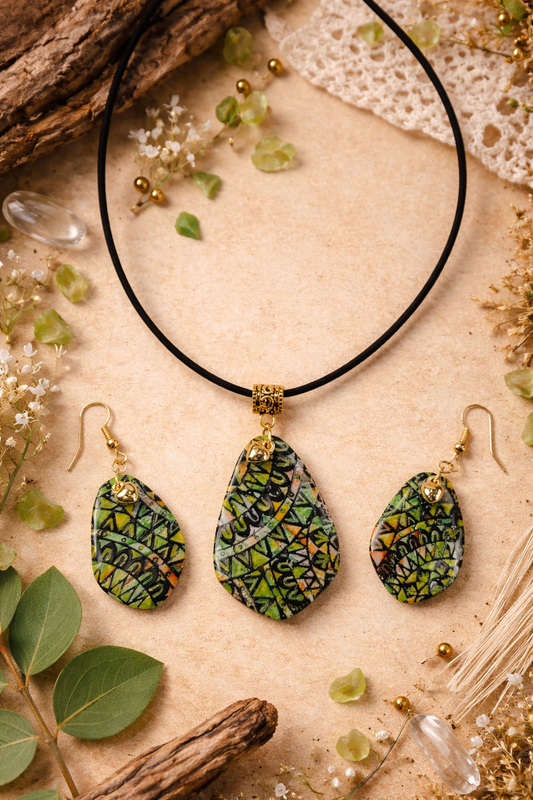 Green, gold and earthy orange tribal pattern Necklace and Earrings SET