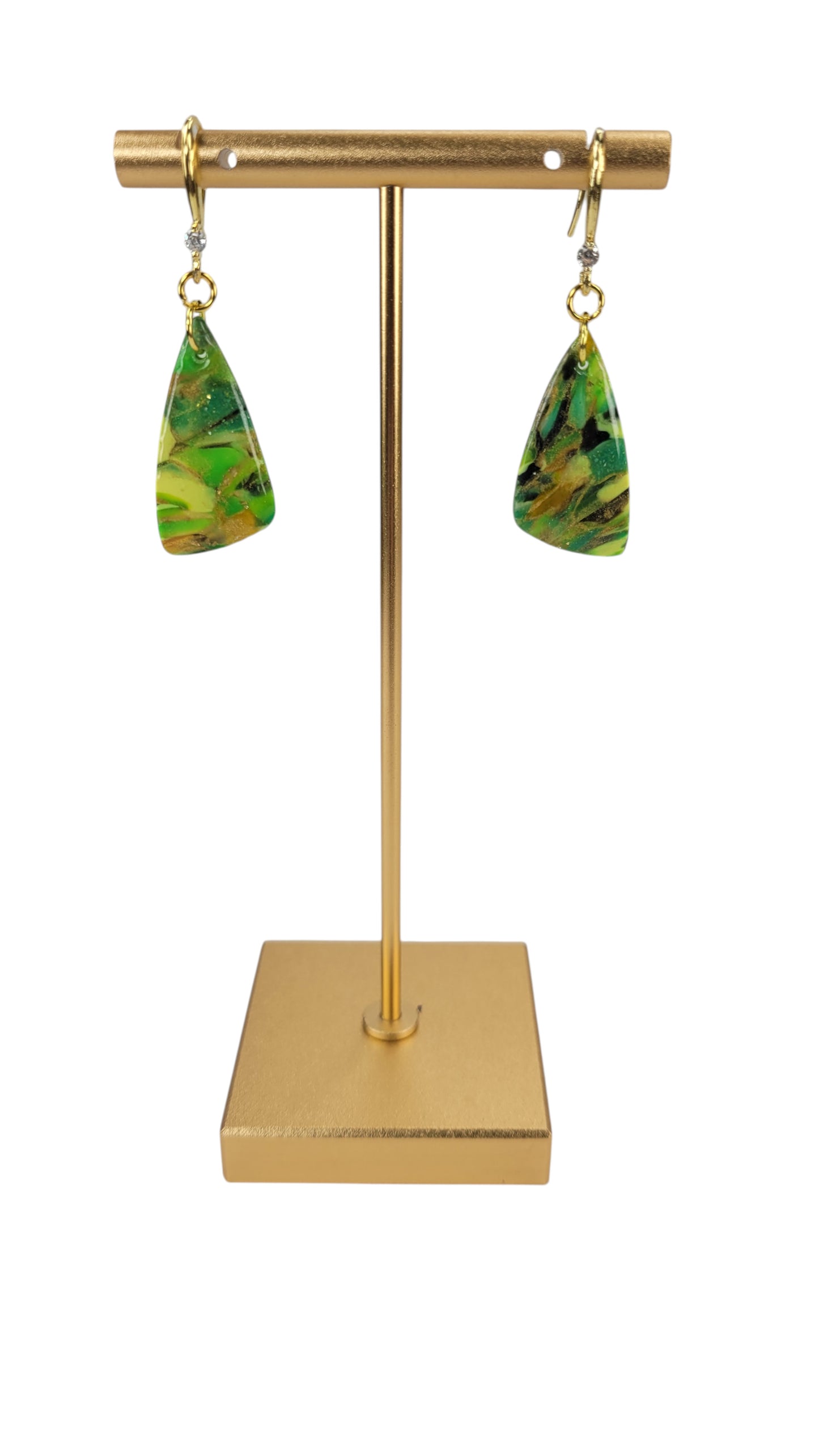 Soft triangular shape greens layered with warm golden tones Earrings