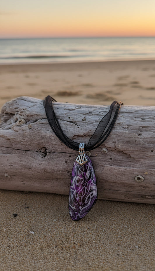 Deep violet, plum and silver on black Necklace