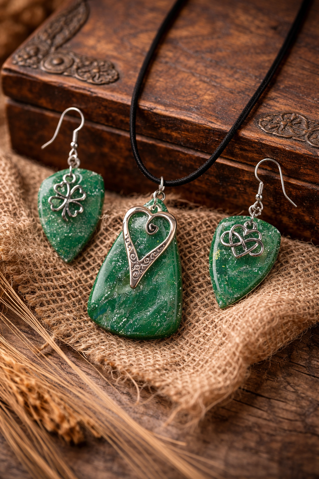 Unique green SET with 3 different charms Necklace and Earrings