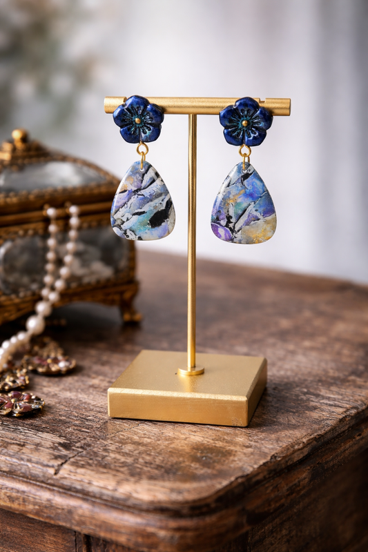 Deep shimmering midnight blooms above faux stone Studs