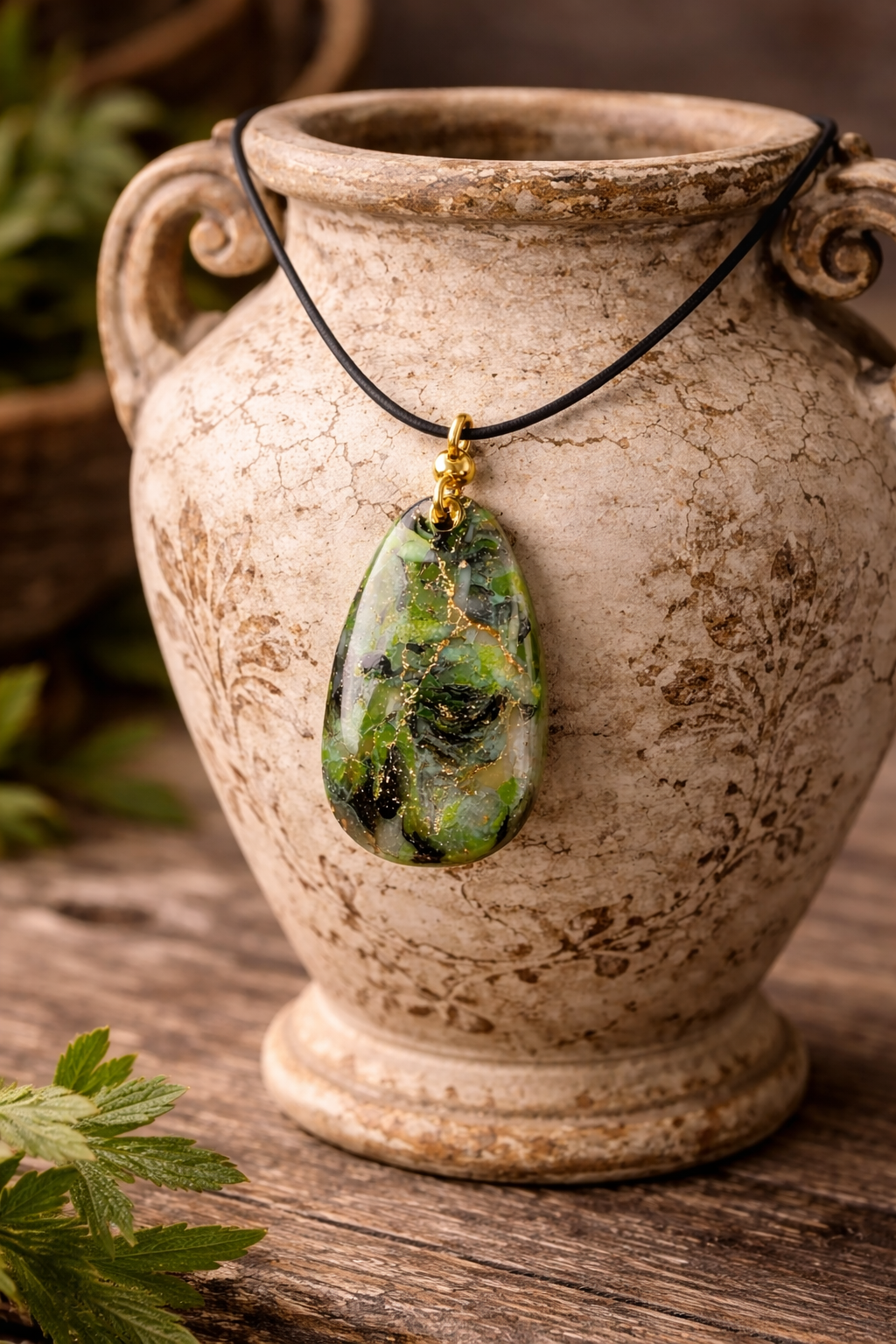 Green, translucent and gold faux stone Necklace