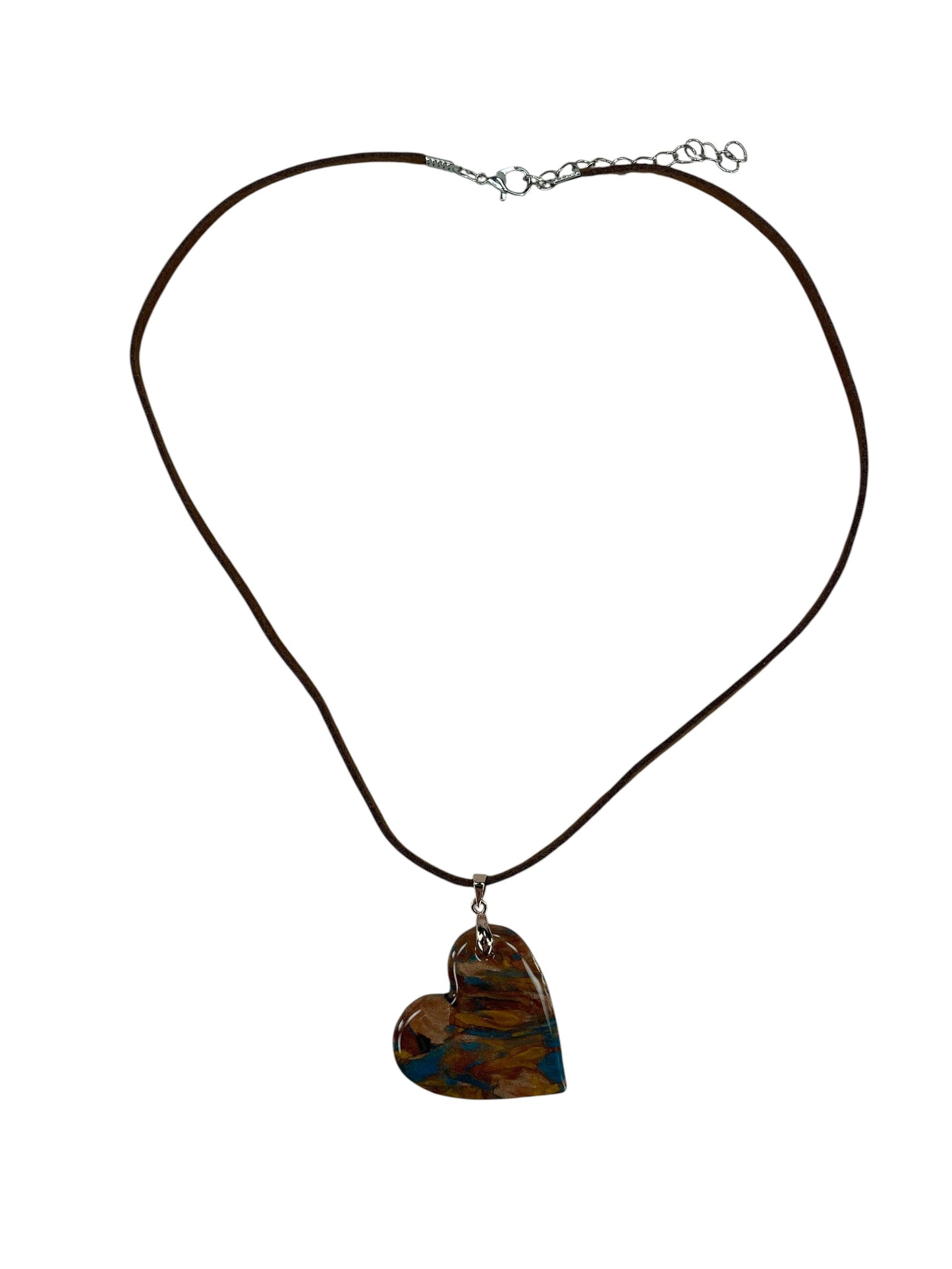 Earthy heart-shaped copper, amber gold, deep chocolate, and turquoise Necklace