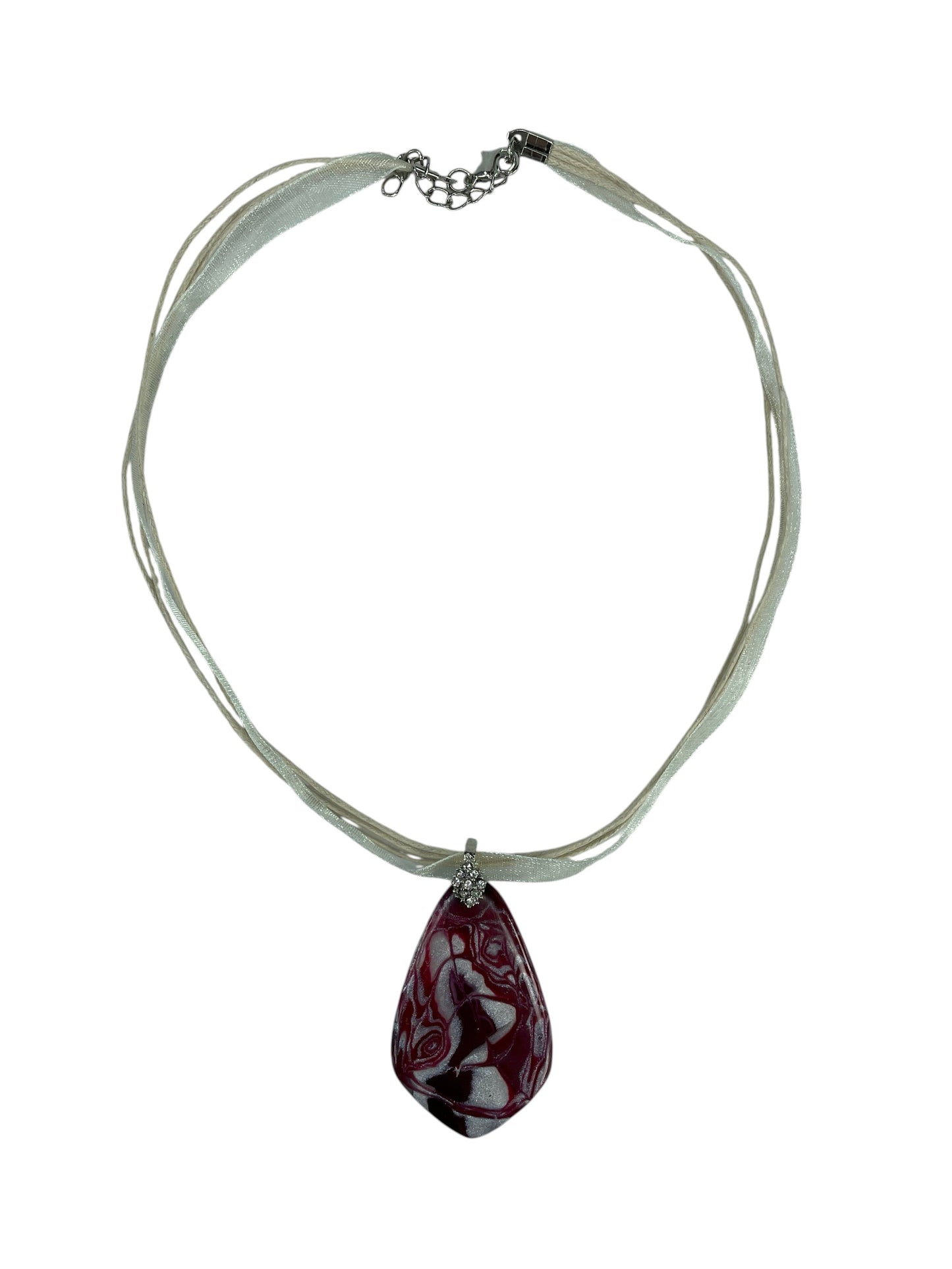 Graceful and romantic pendant, wine-red tones swirled with soft pearl white and shimmering silver Necklace