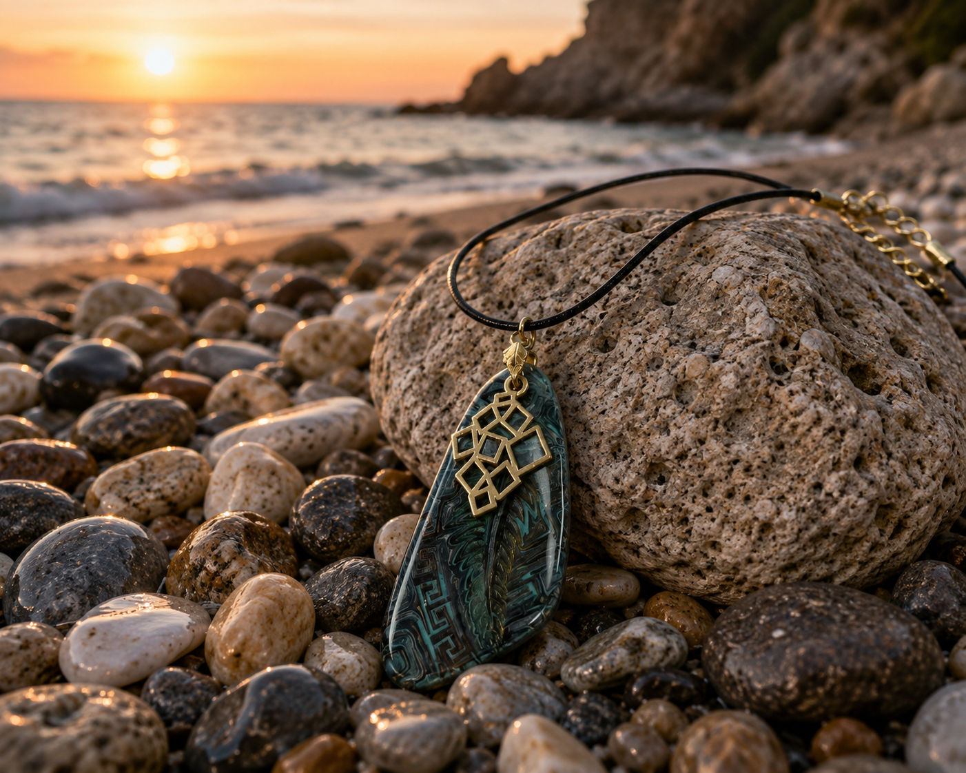 Deep teal and forest-green rustic pendant with mat golden charm Necklace