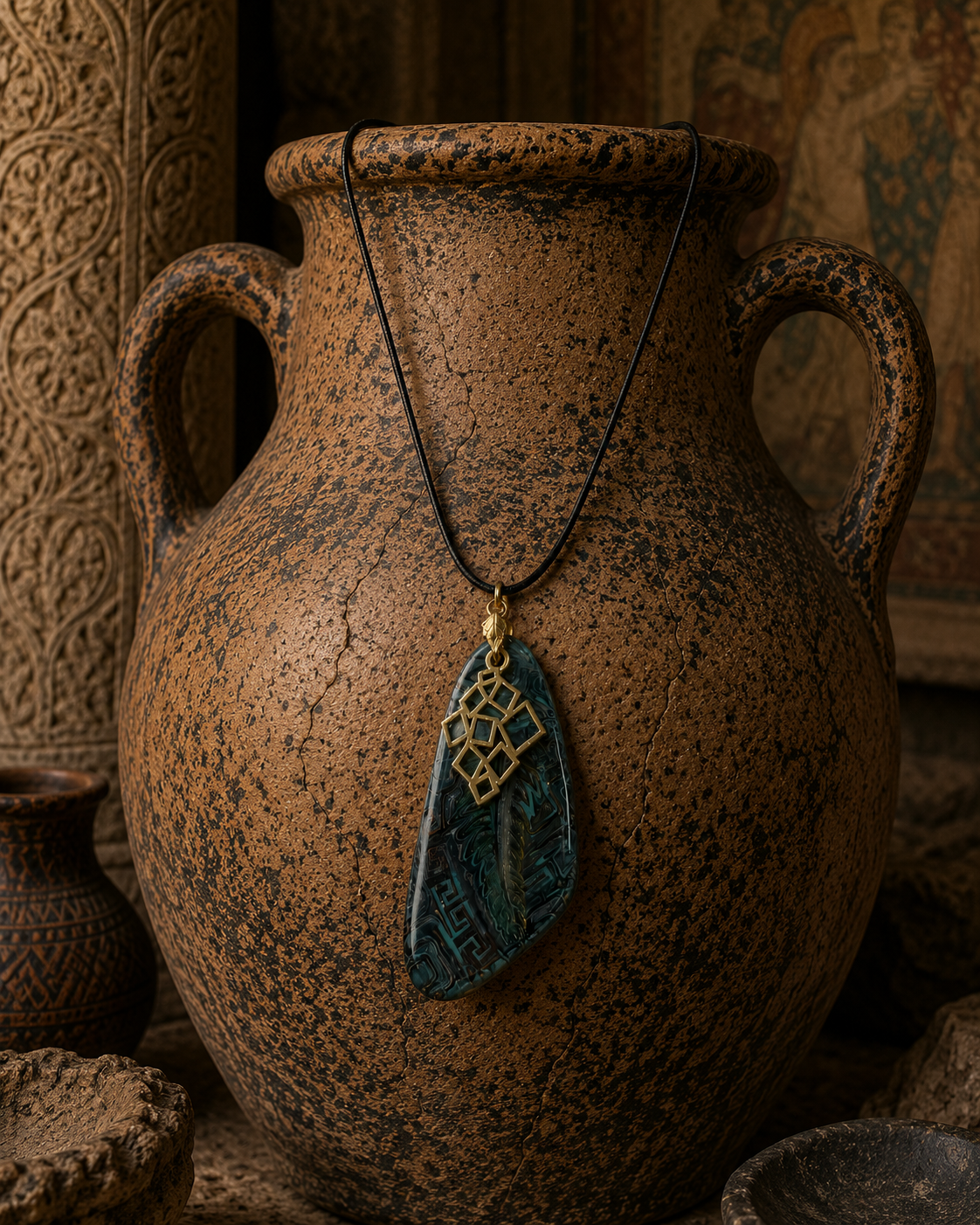 Deep teal and forest-green rustic pendant with mat golden charm Necklace