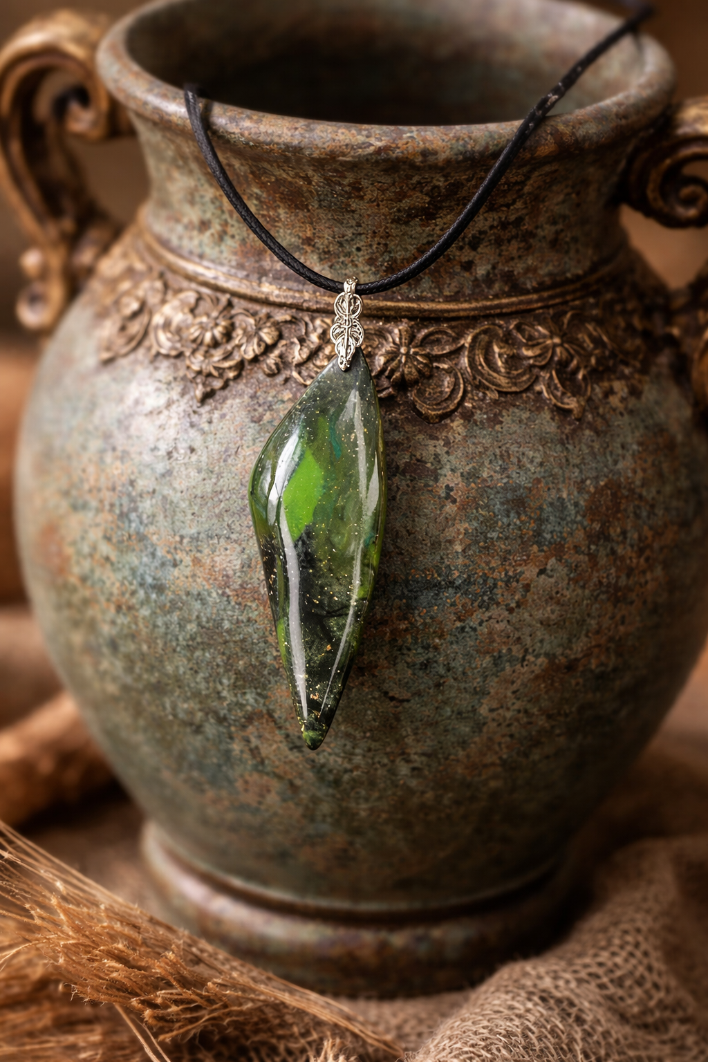 Slender and fluid light green cabochon Necklace