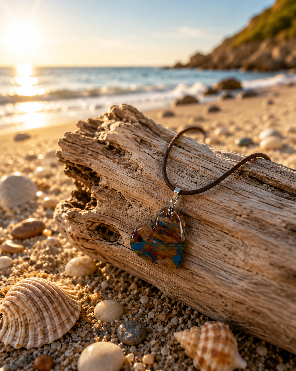 Earthy heart-shaped copper, amber gold, deep chocolate, and turquoise Necklace
