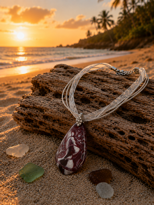 Graceful and romantic pendant, wine-red tones swirled with soft pearl white and shimmering silver Necklace