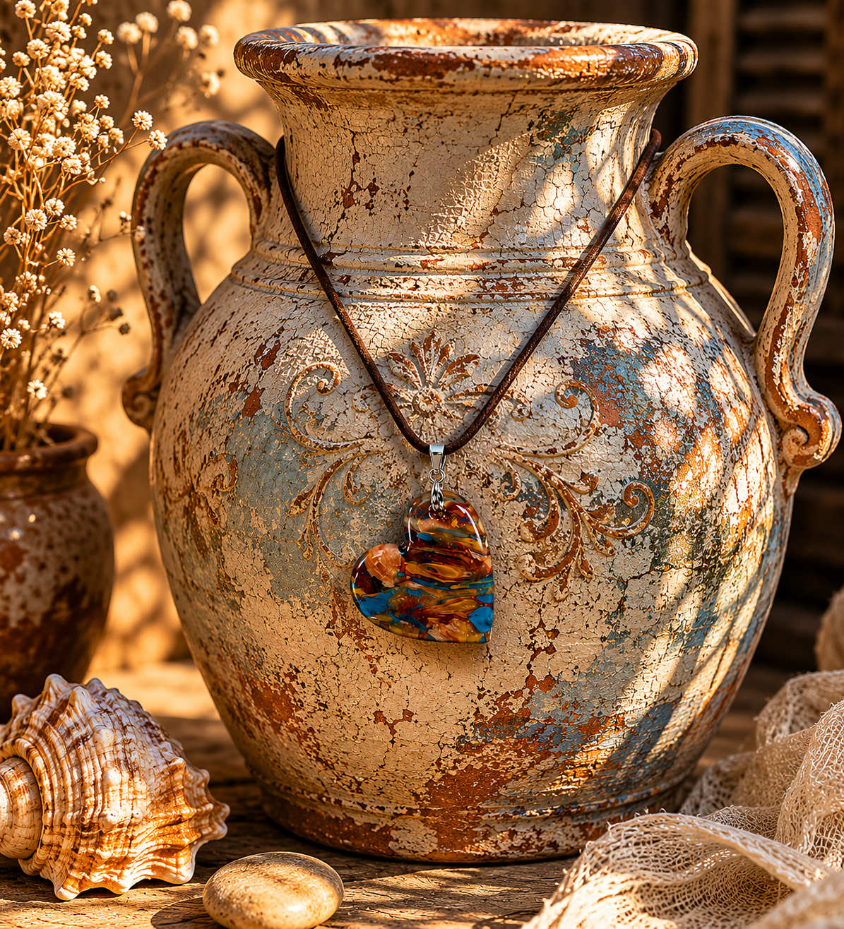 Earthy heart-shaped copper, amber gold, deep chocolate, and turquoise Necklace