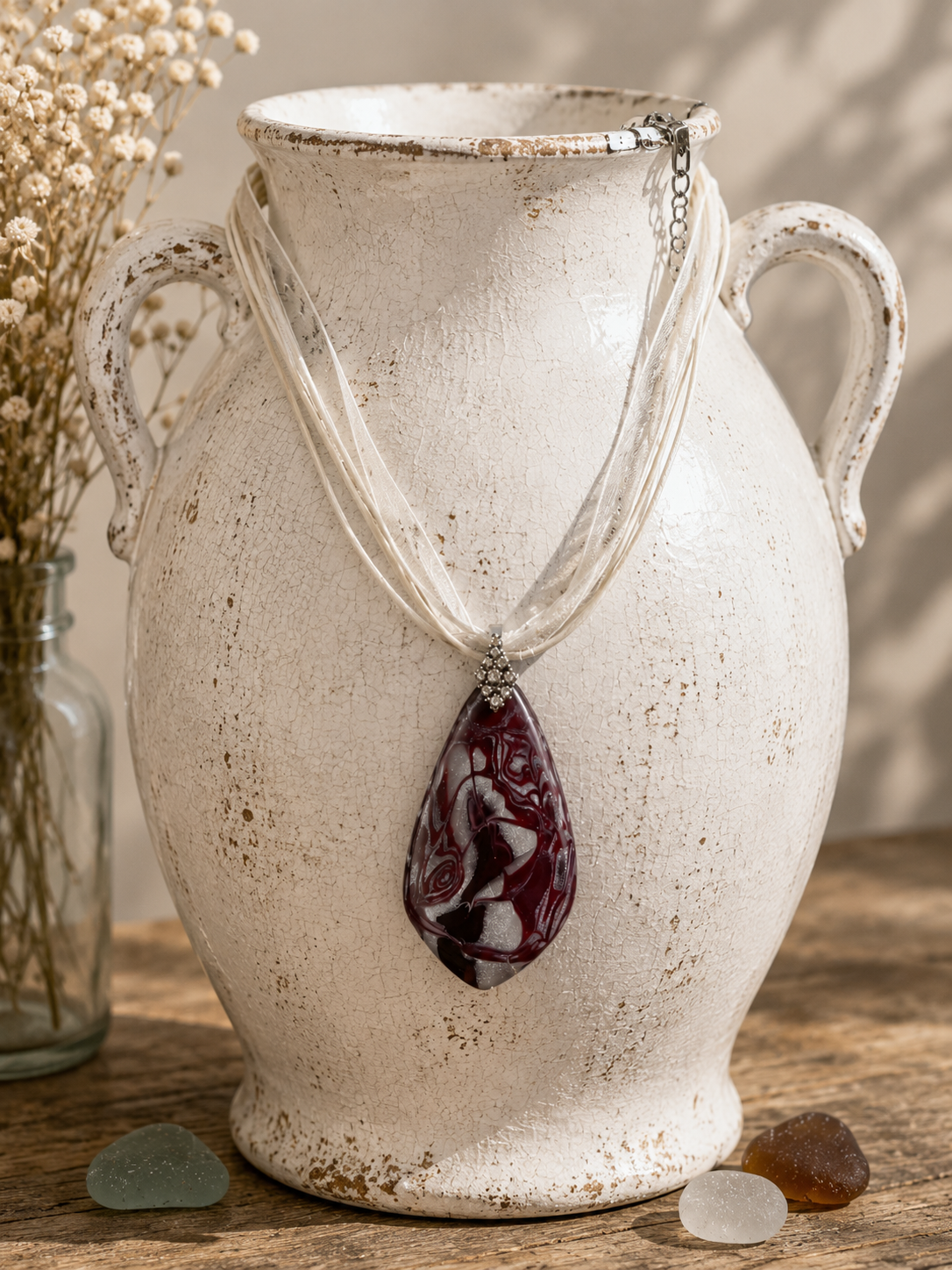 Graceful and romantic pendant, wine-red tones swirled with soft pearl white and shimmering silver Necklace
