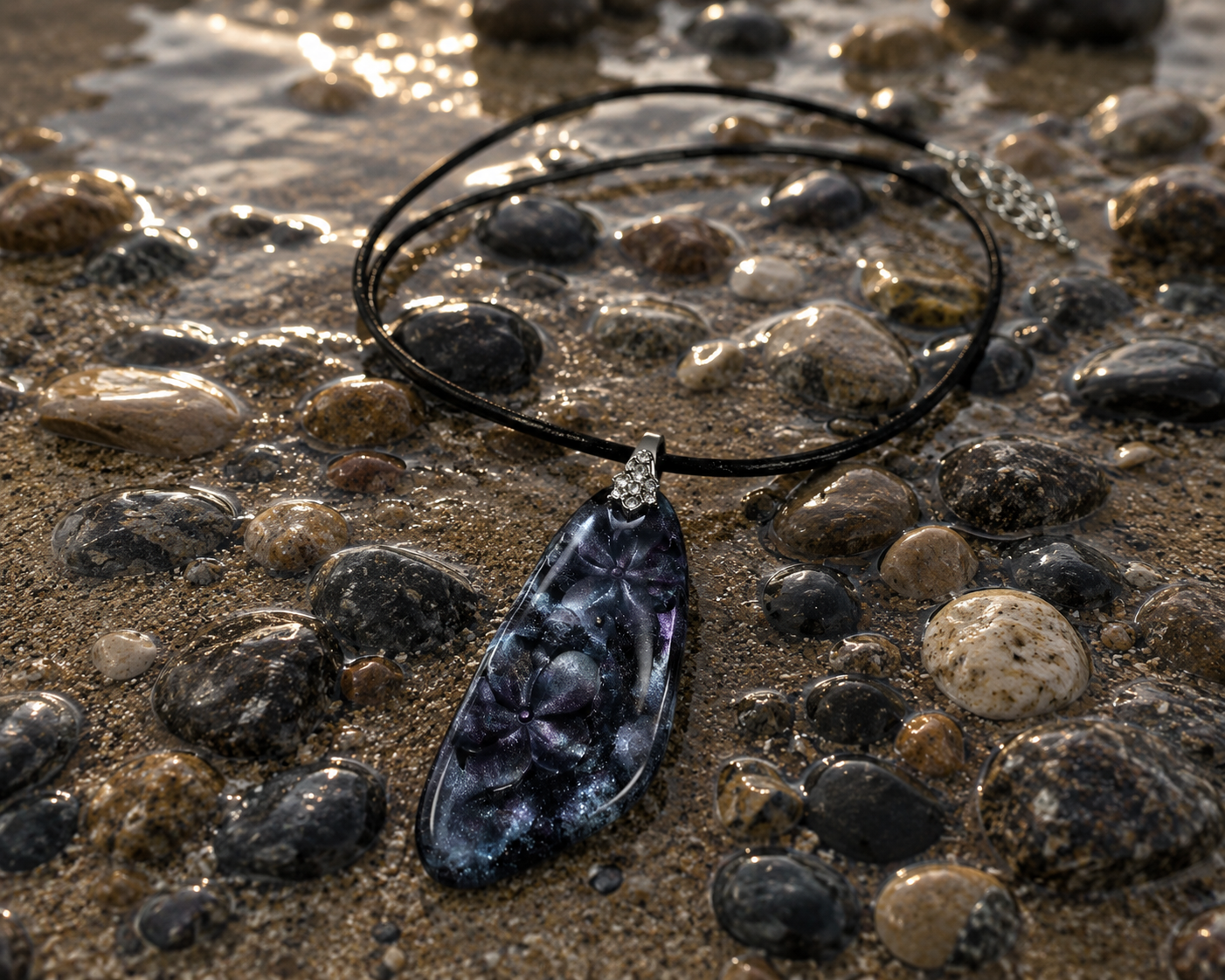 3D floral effect embedded within its deep, midnight silvery Necklace