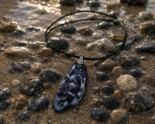3D floral effect embedded within its deep, midnight silvery Necklace