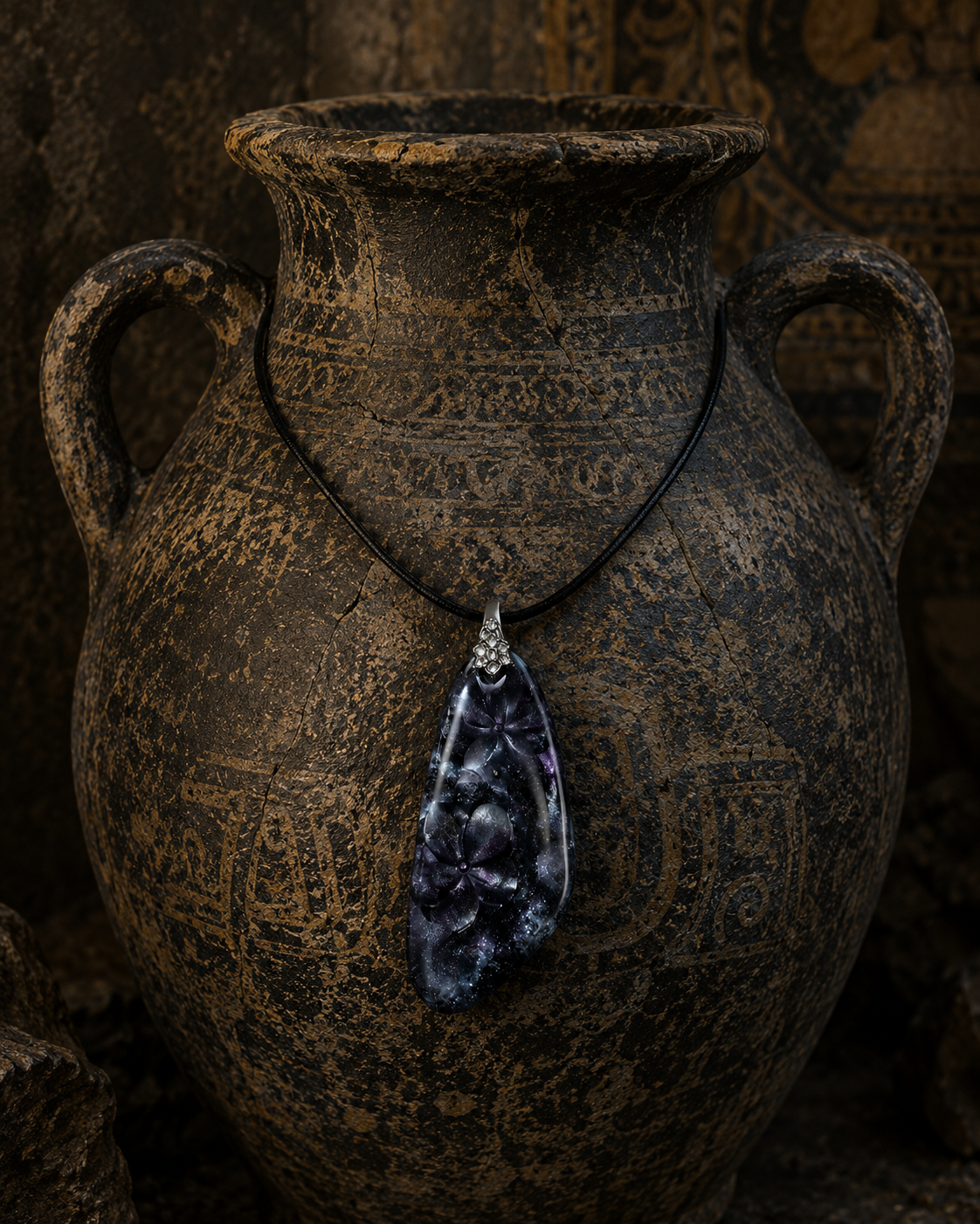 3D floral effect embedded within its deep, midnight silvery Necklace