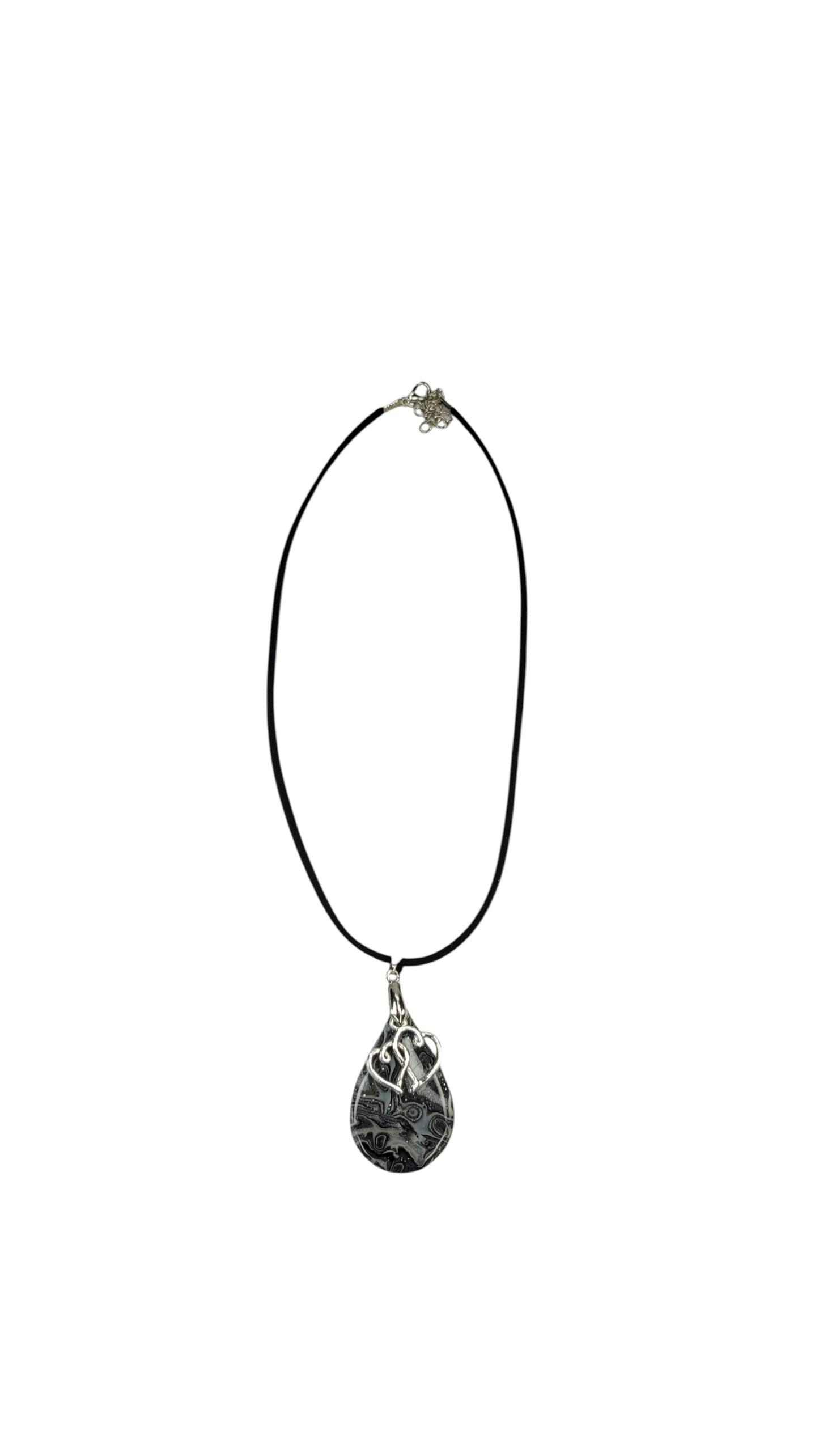 Silver, charcoal, soft smoke swirl and heart charm Necklace