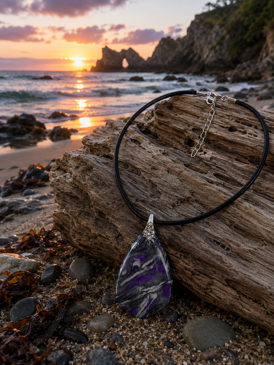 Dramatic pendant,  vivid royal purple, smoky charcoal, silver-gray Necklace